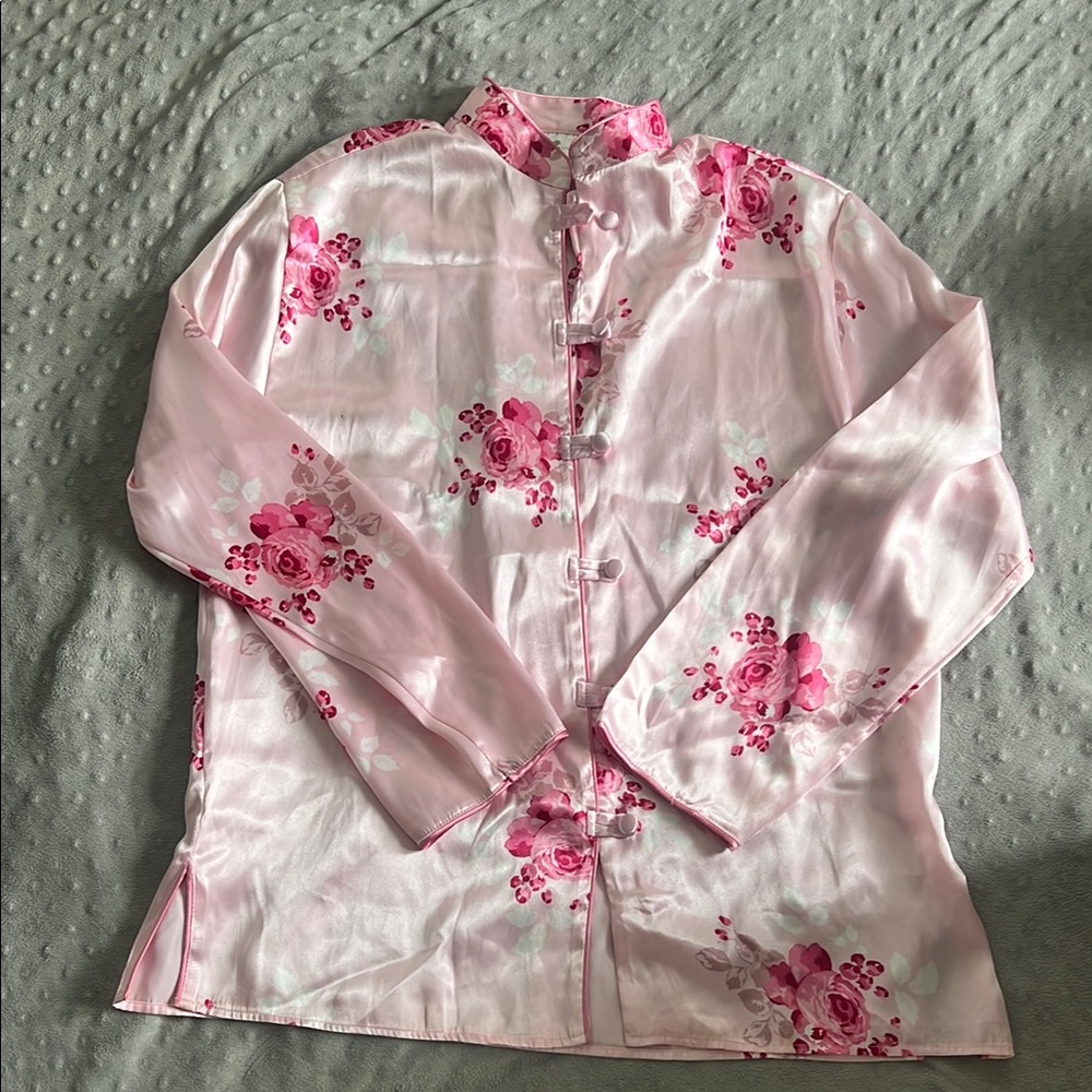 Vintage Pink and Red Floral Satin Pajama Top